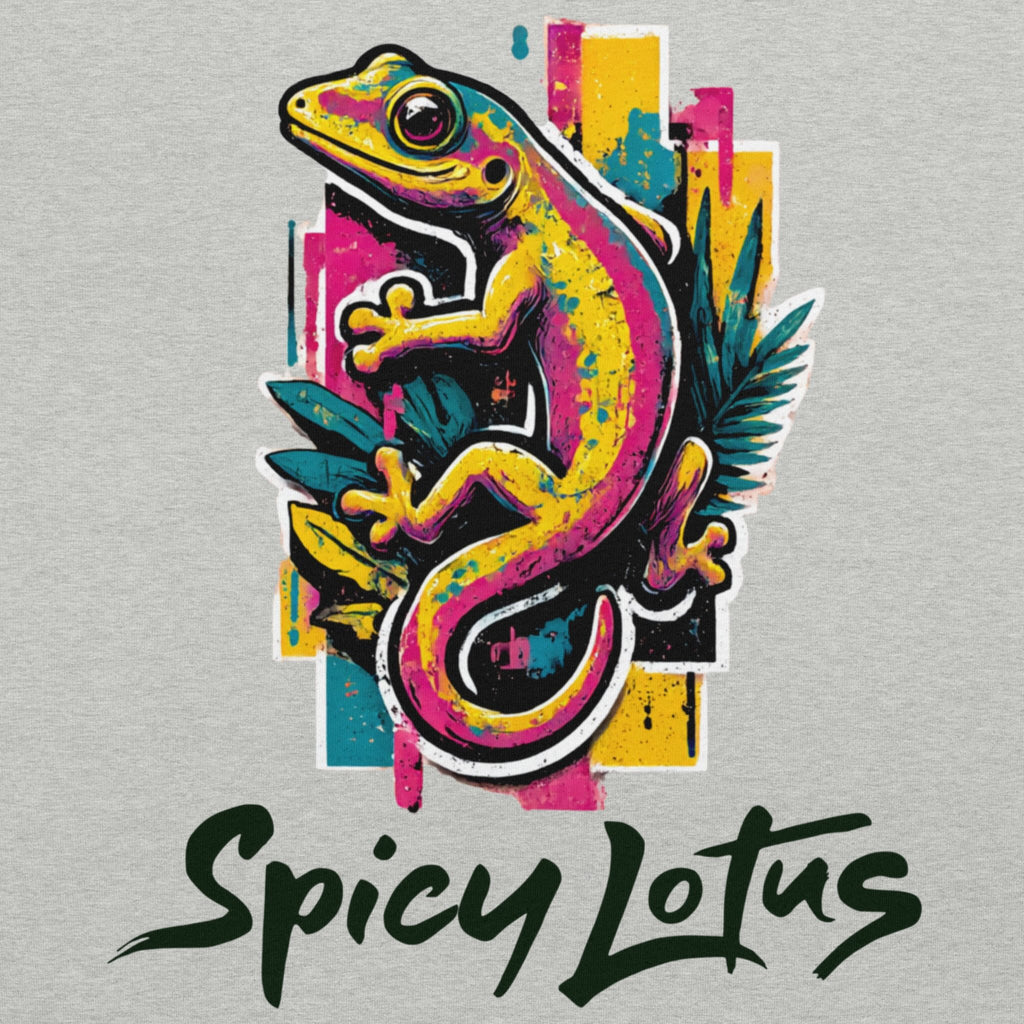 Close-up DTG print Spicy Lotus Neon Gecko T-shirt