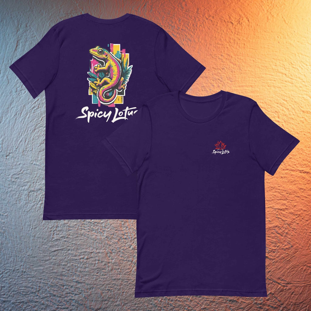 Front/back print Spicy Lotus Neon Gecko flatlay T-shirt