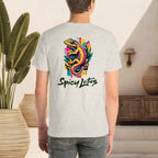 Person wearing a gray t-shirt with a colorful lizard design and 'Spicy Lotus' text.