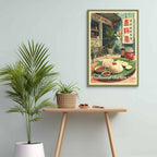 Framed artwork of a restaurant scene with text on a wall above a table with plants.