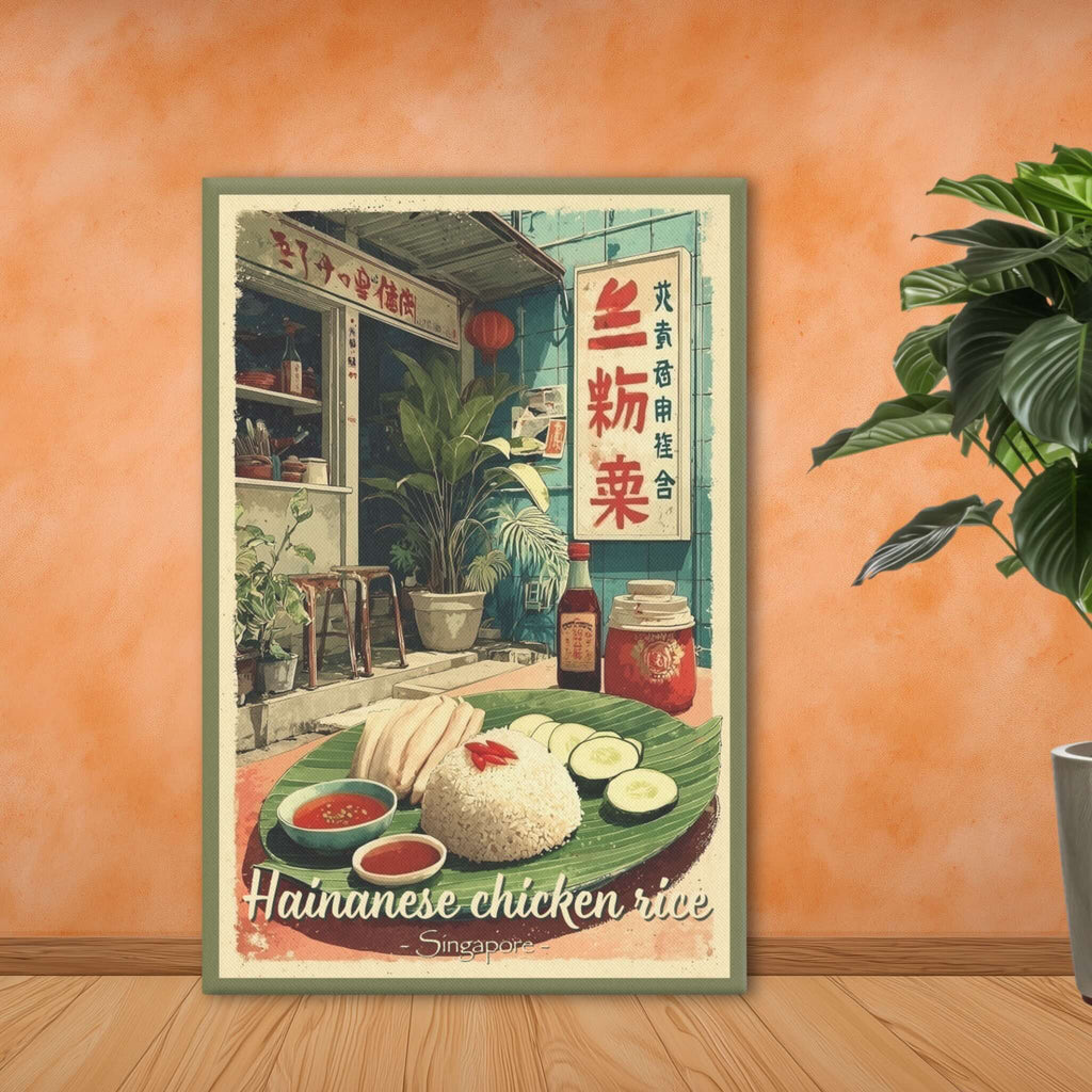 Comic-style Singaporean food illustration on canvas standing against wall