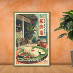 Comic-style Singaporean food illustration on canvas standing against wall