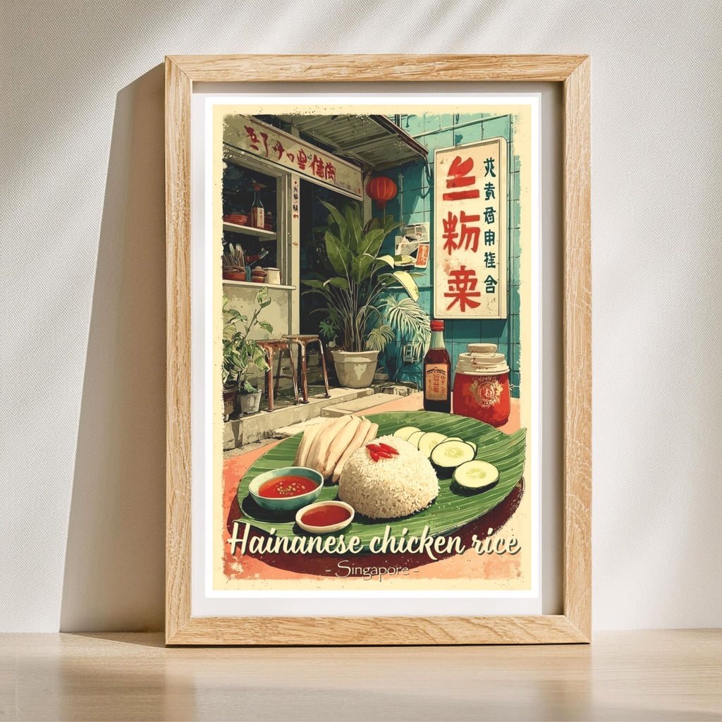 Comic-style Singaporean food wall art standing in a wooden frame