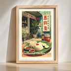 Comic-style Singaporean food wall art standing in a wooden frame