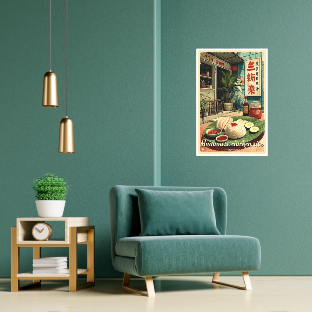 Urban Asian street food illustration poster in modern living room setup