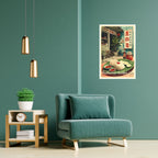 Urban Asian street food illustration poster in modern living room setup