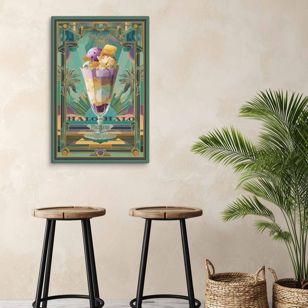 Decorative poster of a halo halo dessert on a wall above two stools with a plant in the background.