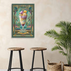 Decorative poster of a halo halo dessert on a wall above two stools with a plant in the background.
