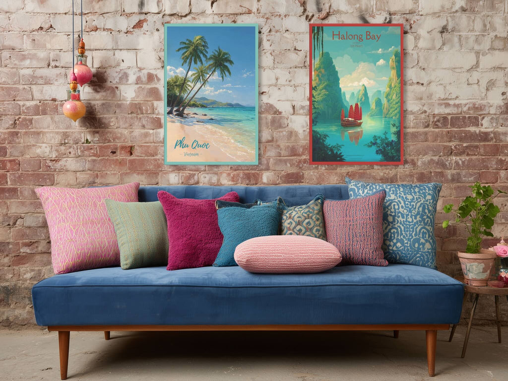 Two travel canvas from Vietnam on living room wall