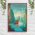 Halong Bay Vietnam poster with traditional junk boat and emerald waters