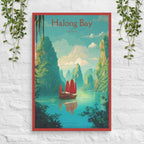 Halong Bay Vietnam poster with traditional junk boat and emerald waters