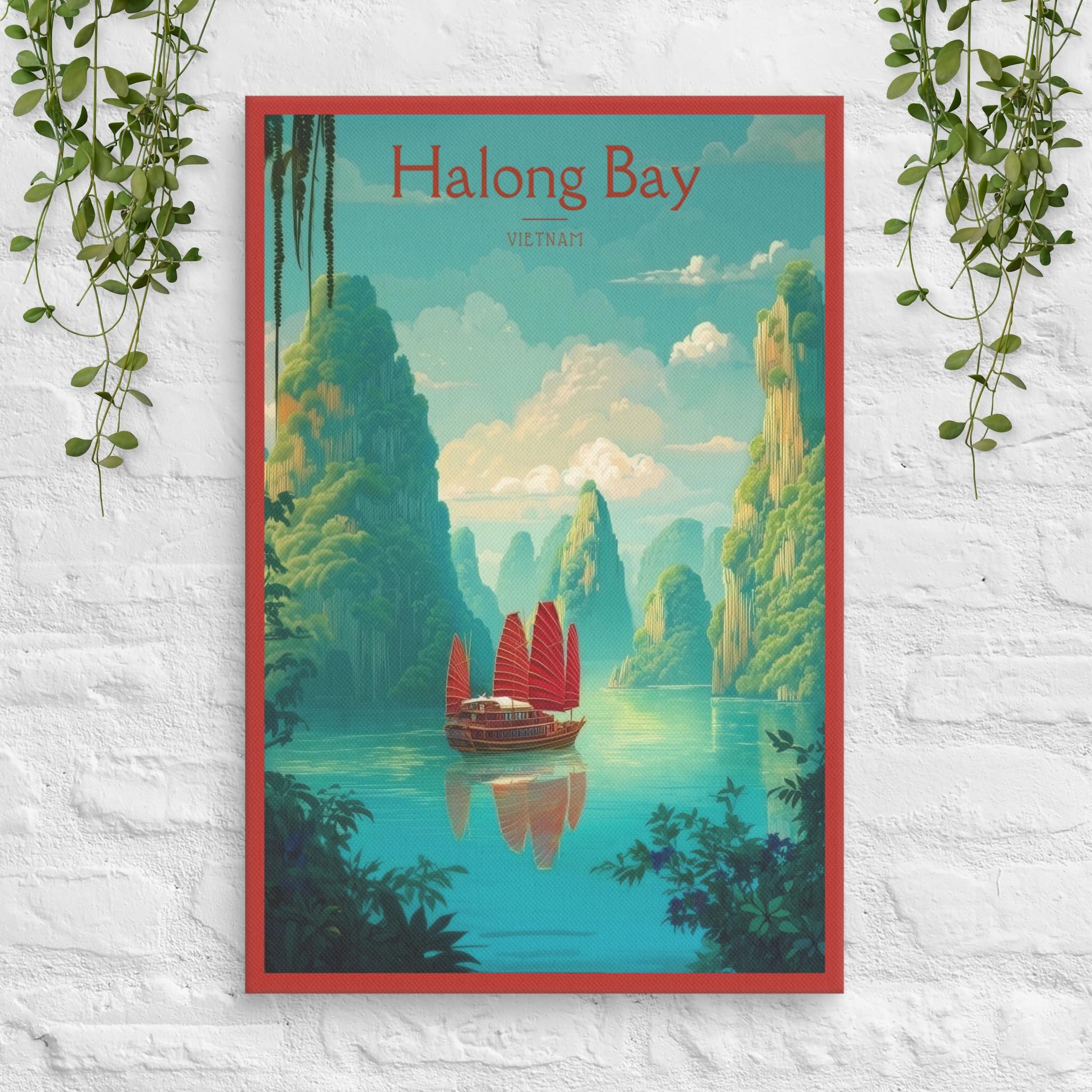 Halong Bay Vietnam poster with traditional junk boat and emerald waters