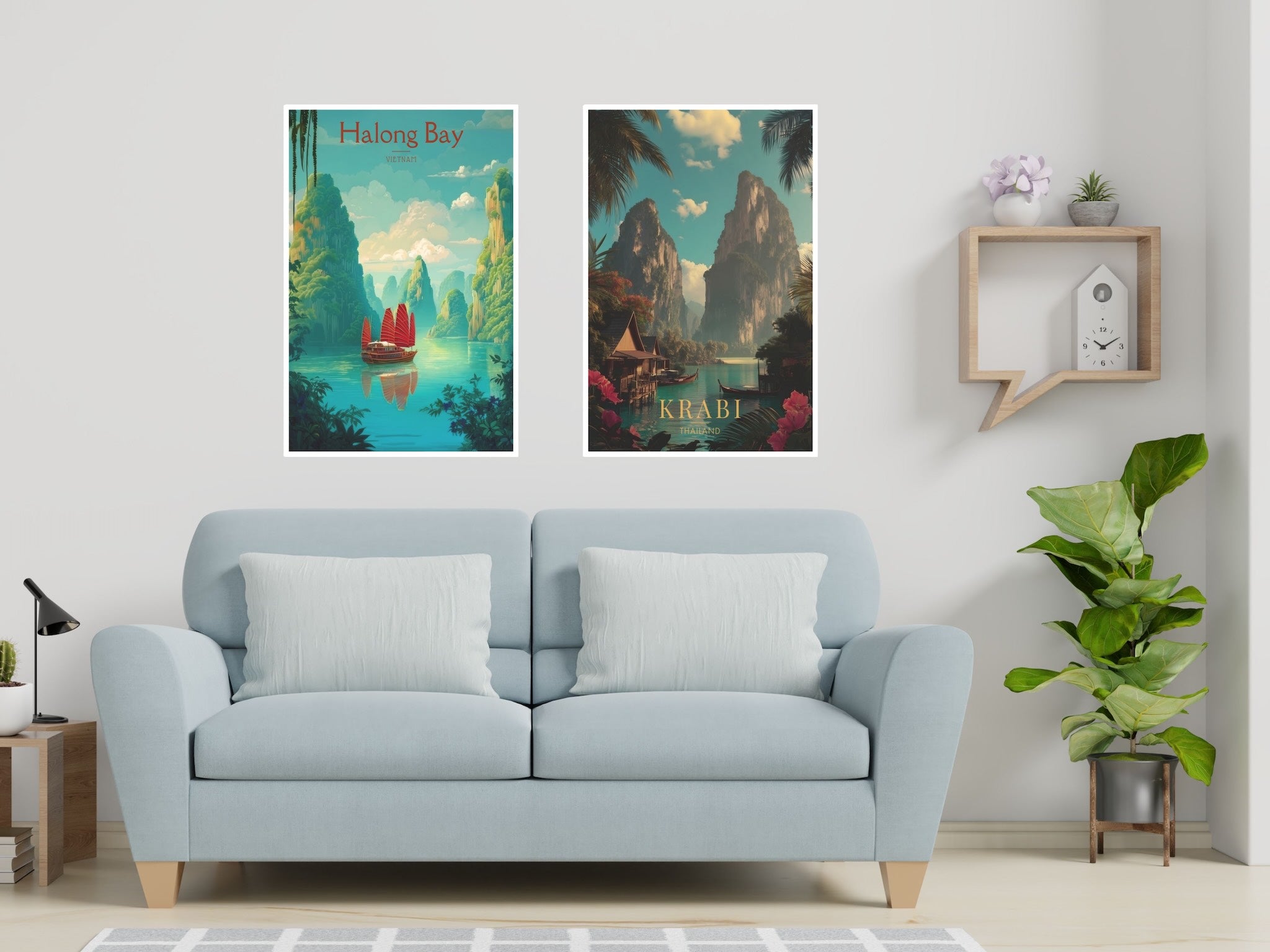 Two travel posters from Vietnam and Thailand in living room setup