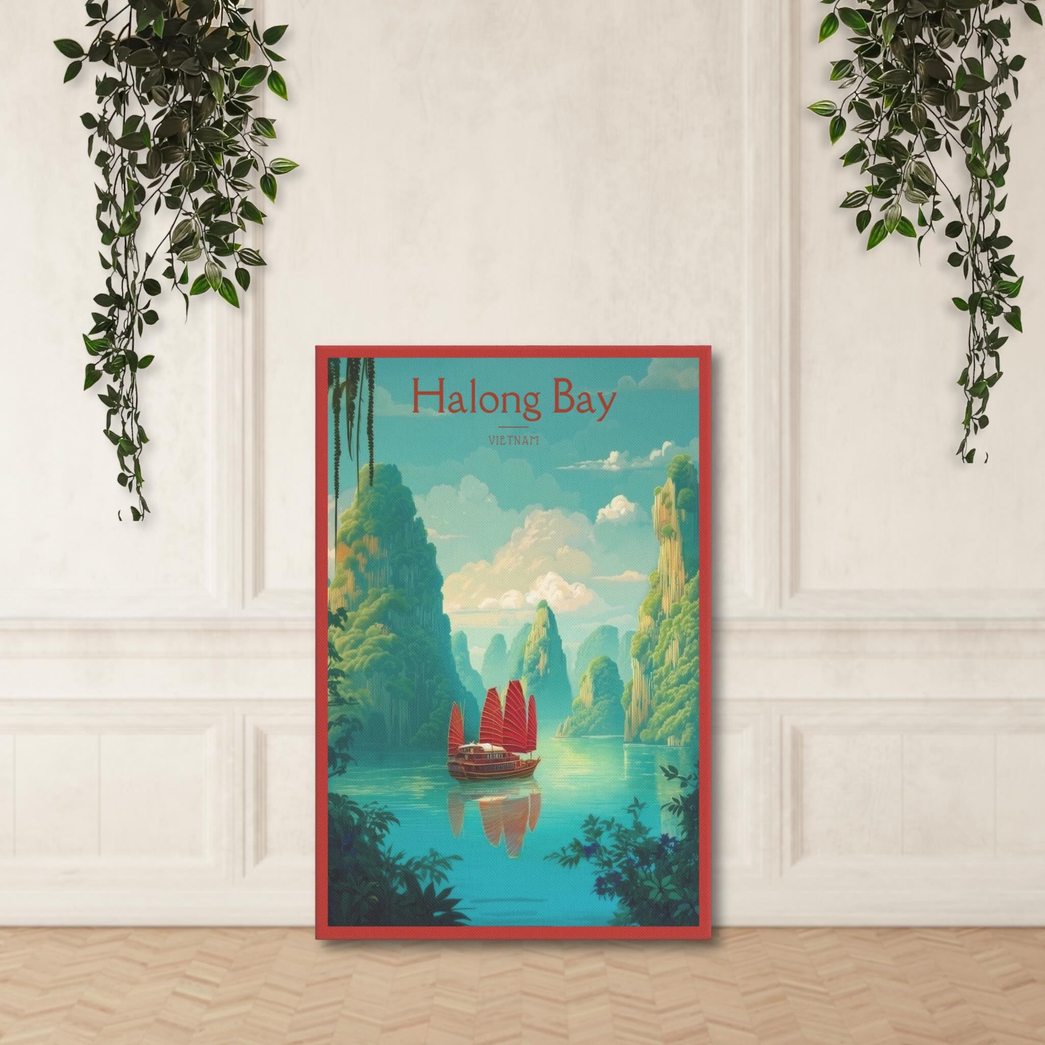 Vietnamese landscape art print featuring limestone cliffs and calm waters standing