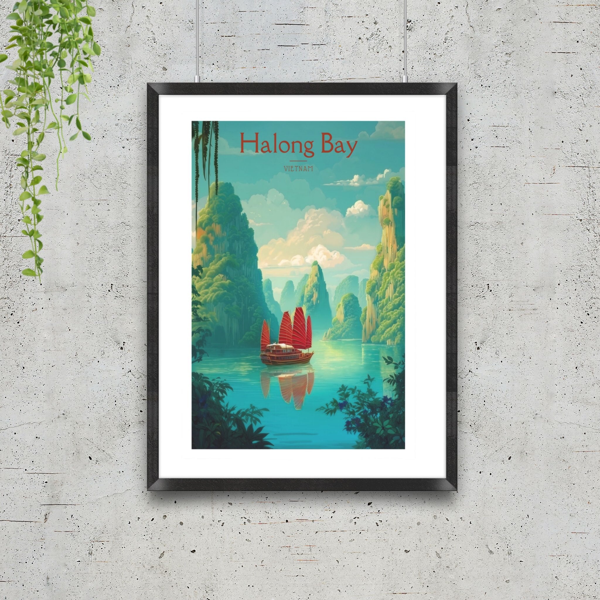 Halong Bay Vietnam poster with traditional junk boat and emerald waters in black frame