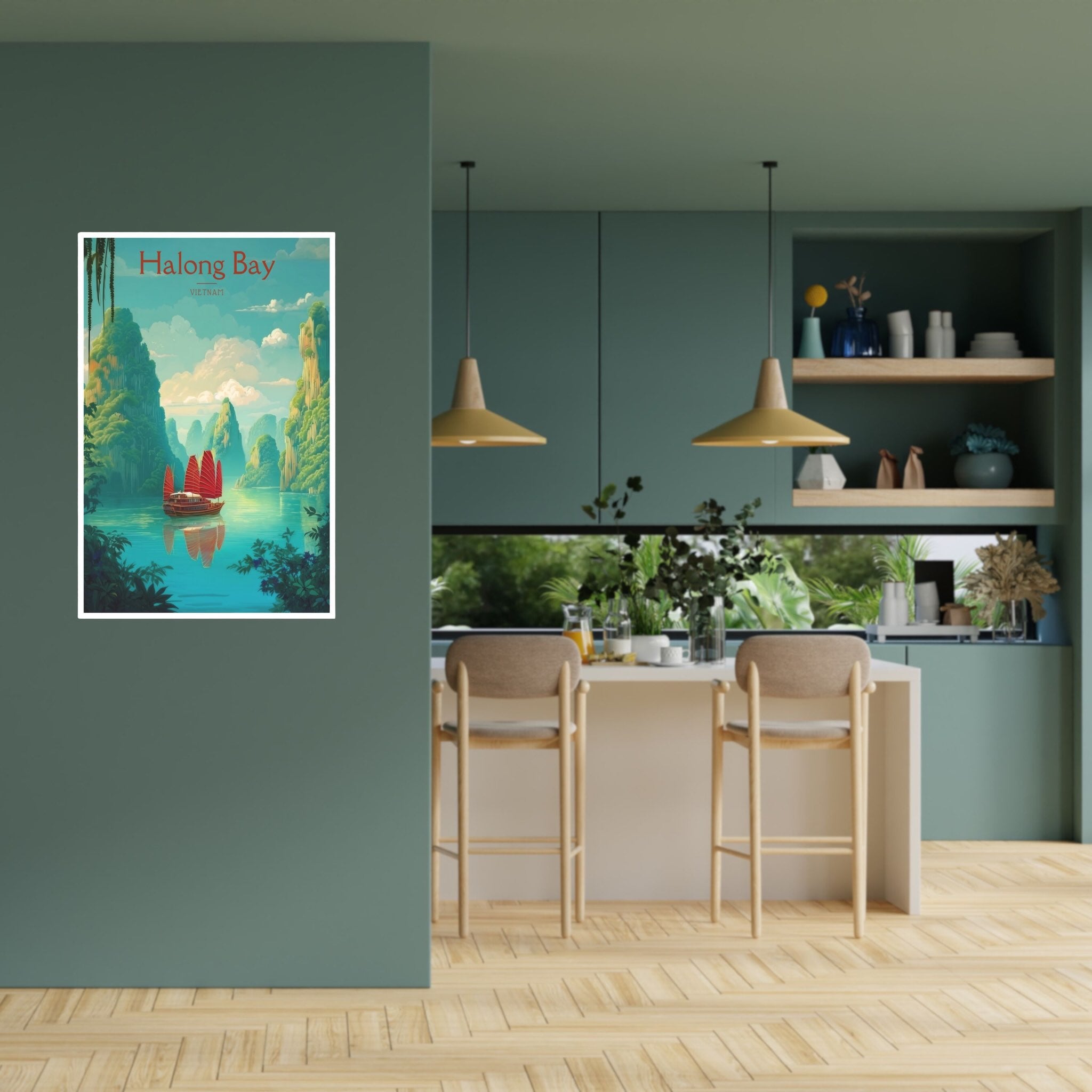 Crimson-sailed junk boat on reflective Halong Bay scenery attached to kitchen wall