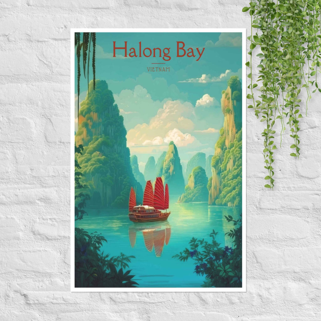 Halong Bay Vietnam poster with traditional junk boat and emerald waters