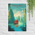 Halong Bay Vietnam poster with traditional junk boat and emerald waters