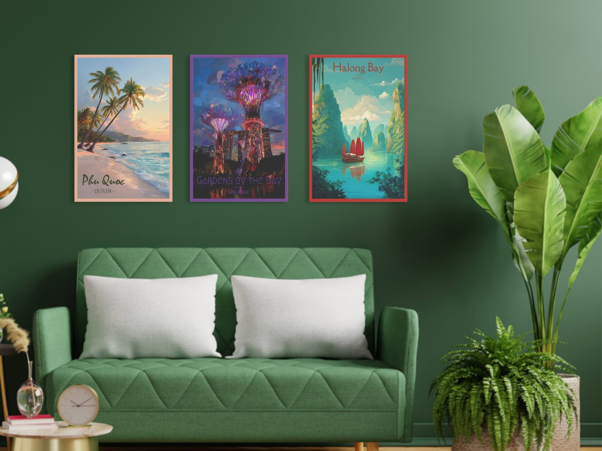 Three travel canvas from Vietnam and Singapore in living room wall