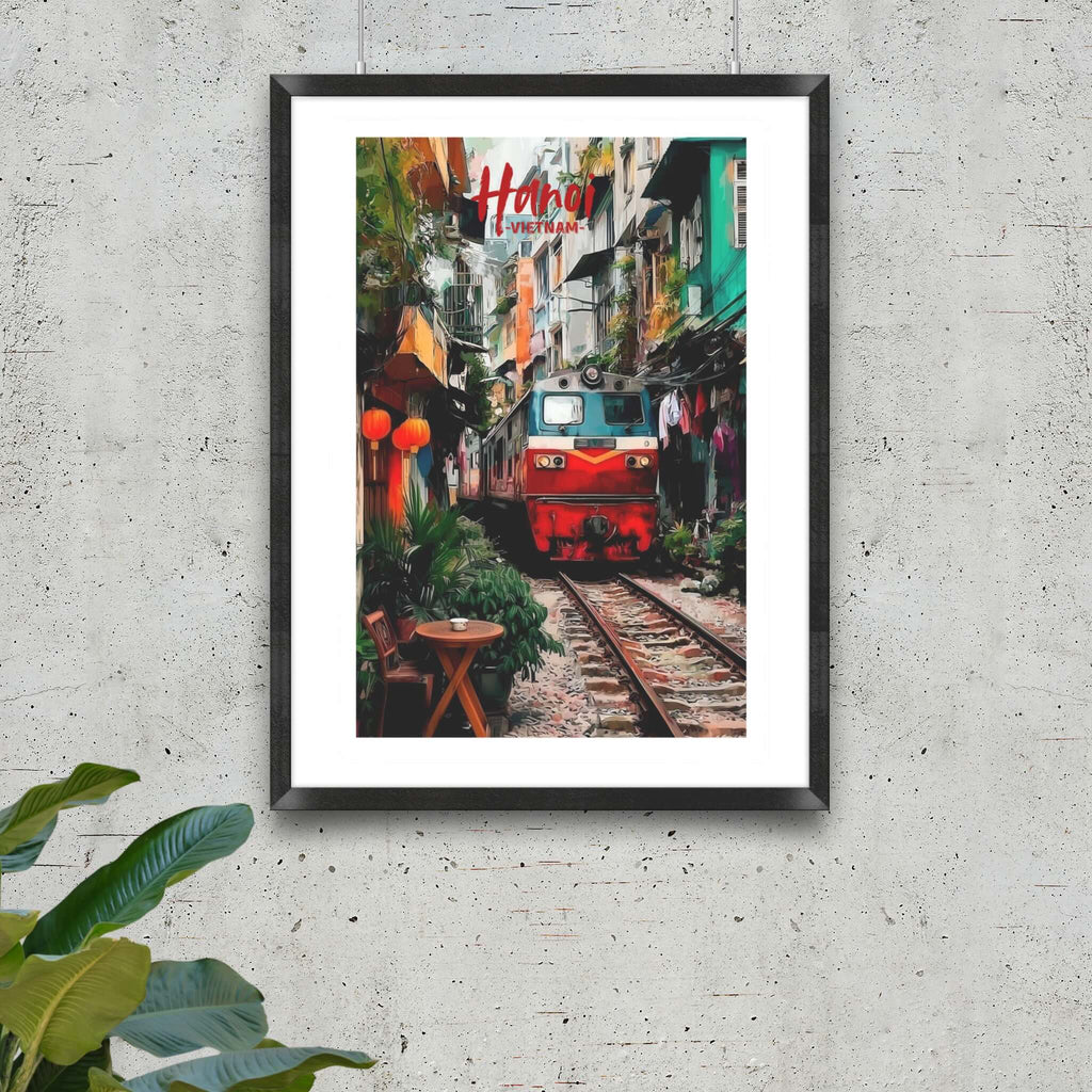 Vietnam railway alley wall art vertical poster in black frame