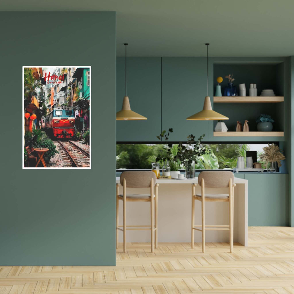 Travel-inspired vibrant Vietnam train street wall decor in kitchen setup