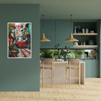 Travel-inspired vibrant Vietnam train street wall decor in kitchen setup