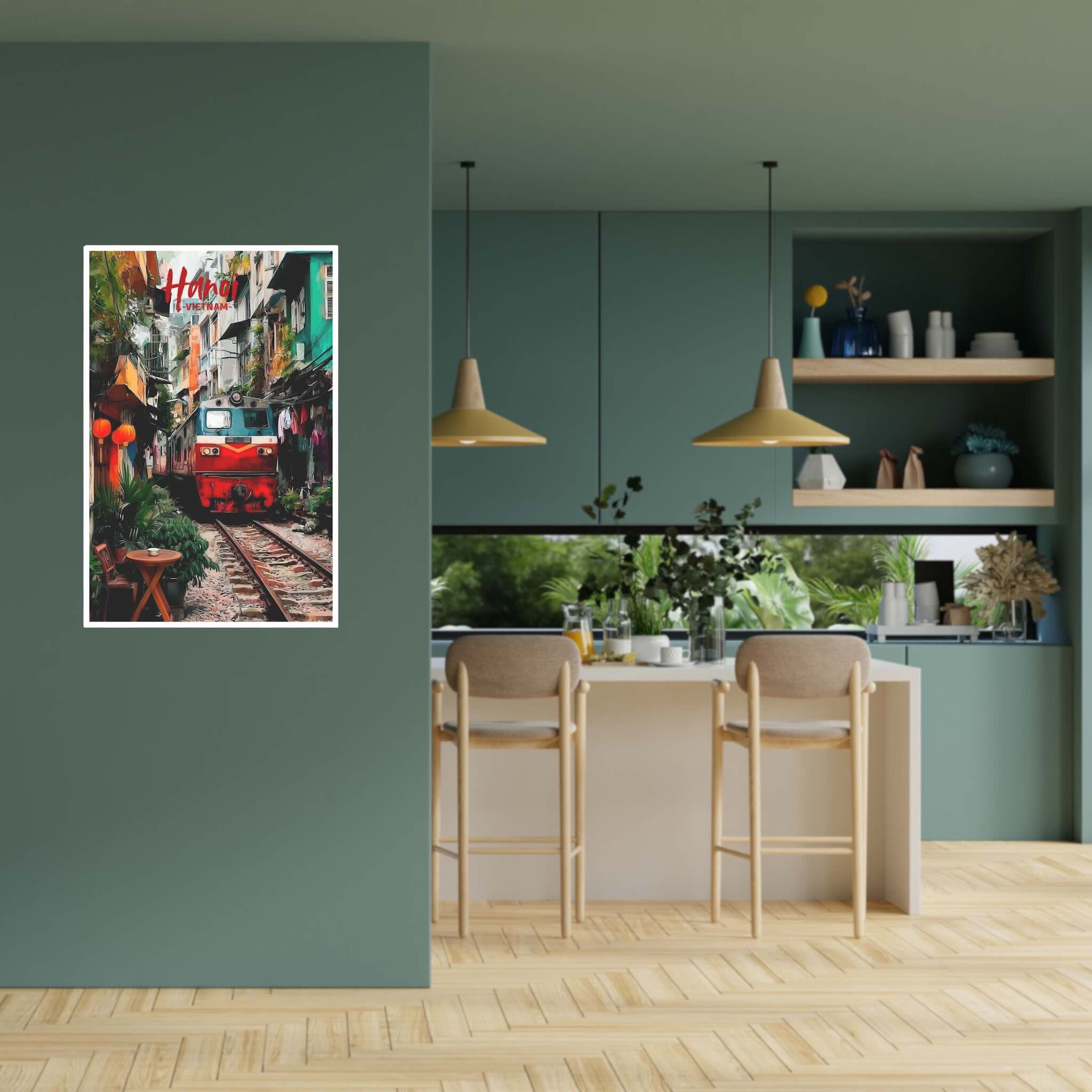 Travel-inspired vibrant Vietnam train street wall decor in kitchen setup