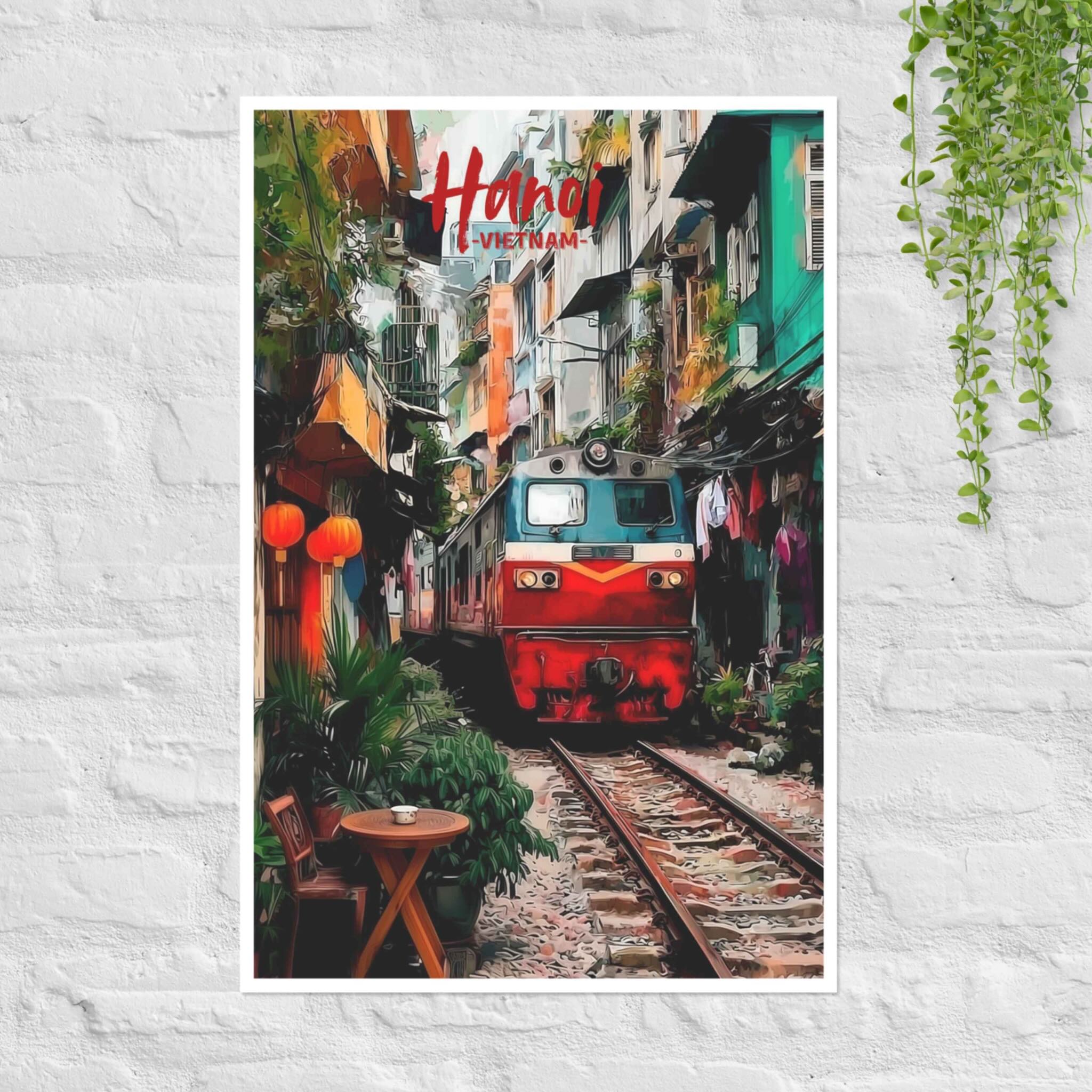 Hanoi Train Street poster with vibrant urban alley scene