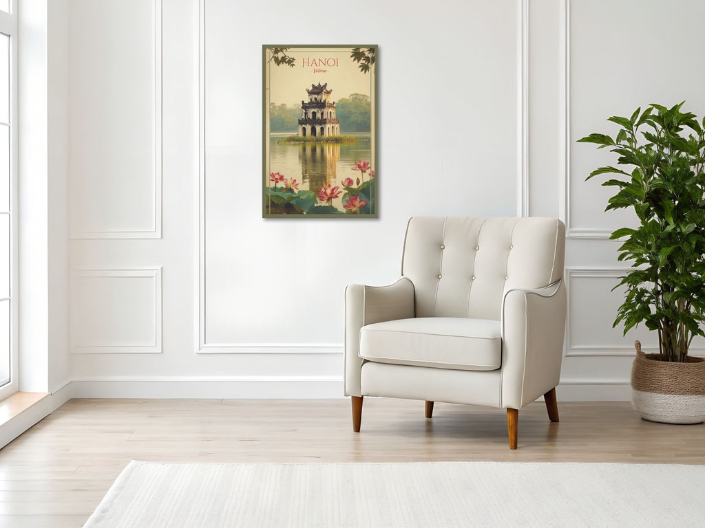 Calm Hanoi scenery canvas with soft greenery and lotus flowers in bright living room