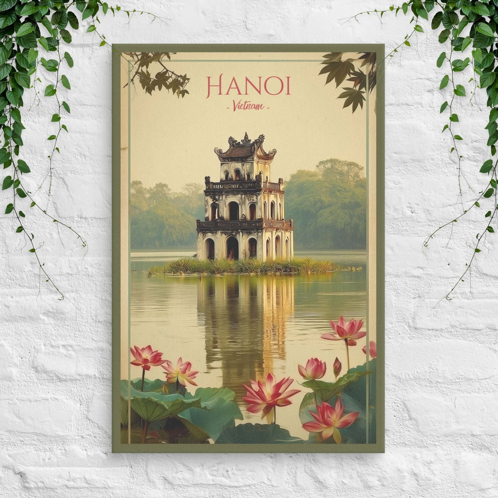 Hanoi Turtle Tower canvas with lotus lake reflections