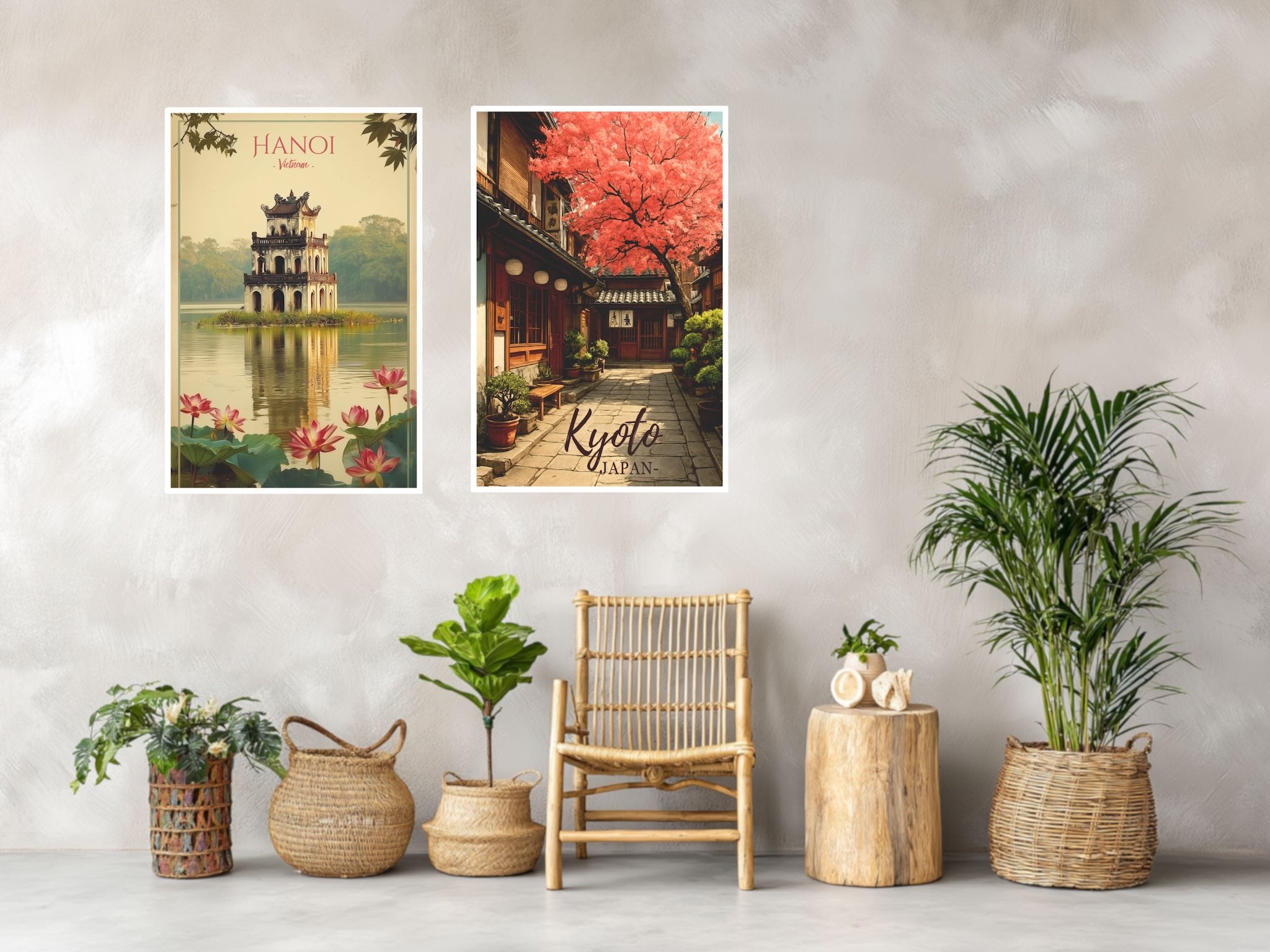 Two travel posters from Vietnam and Japan showcased in hallway