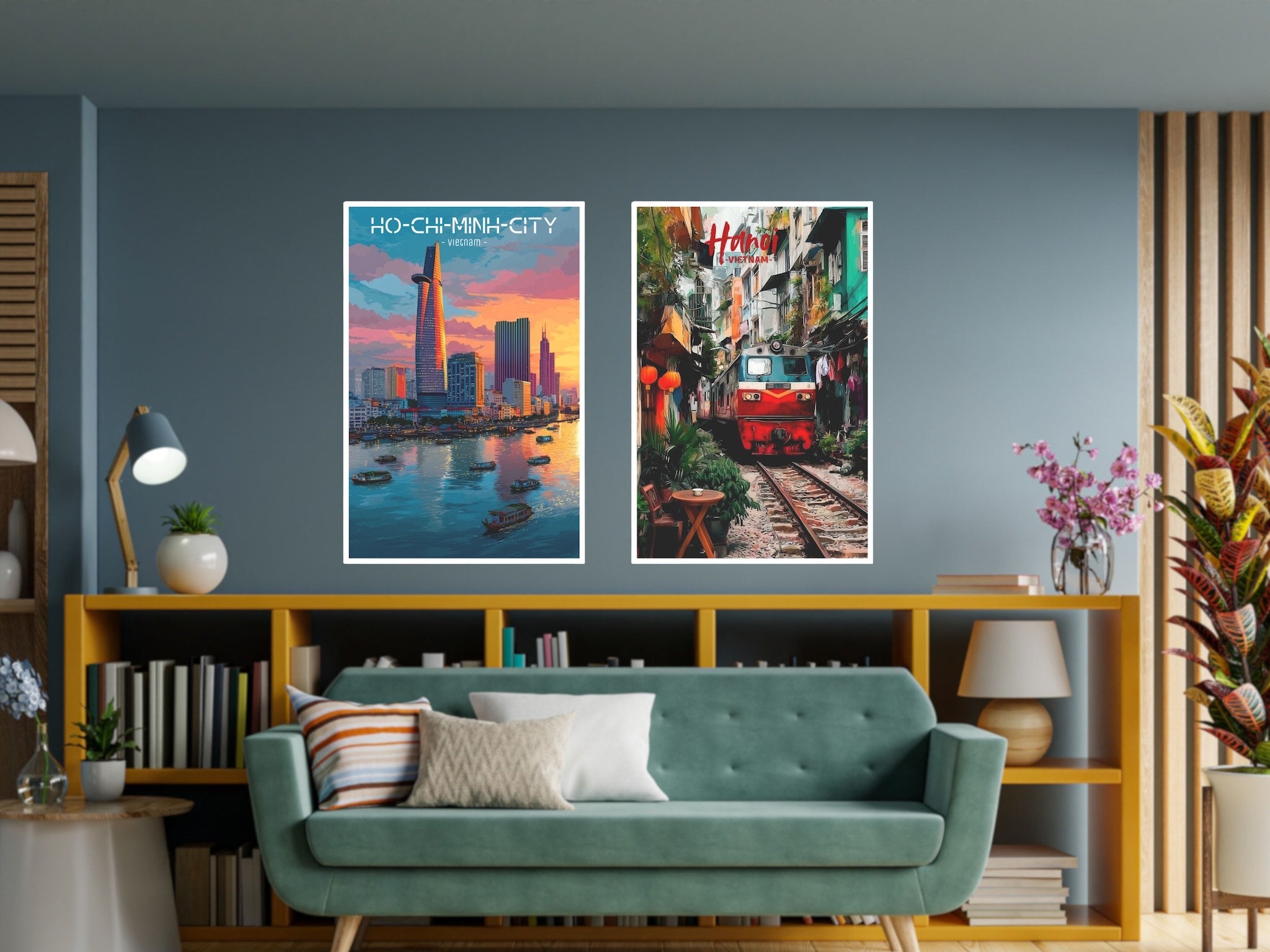 Vietnam travel posters showcased in a living room