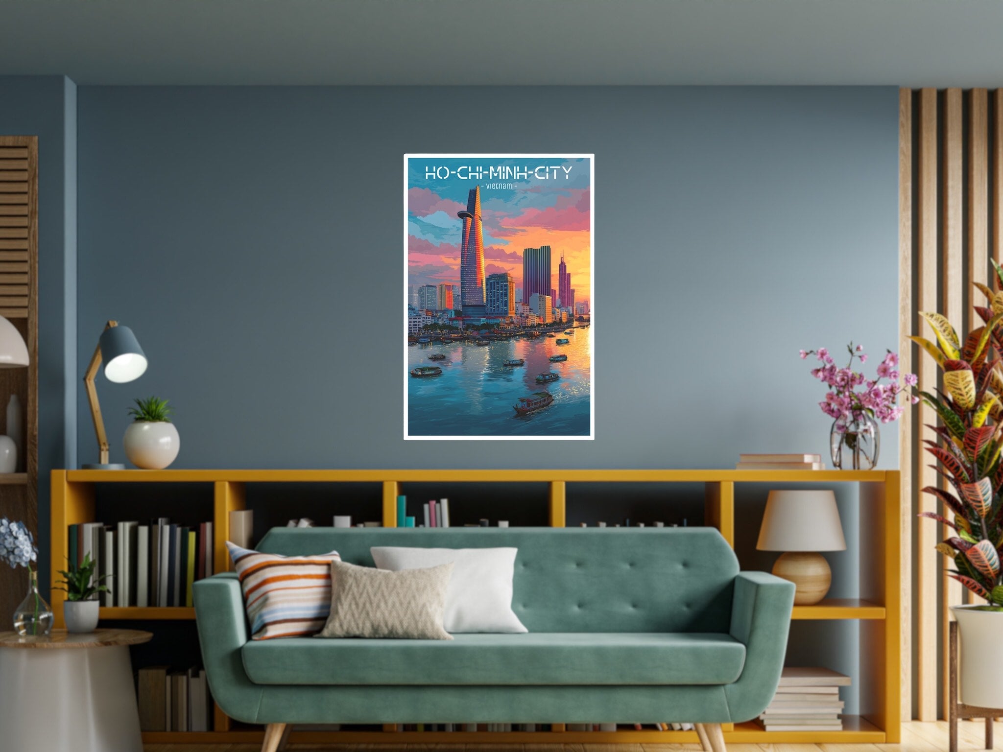 Vibrant Vietnam city skyline with neon river reflections in living room