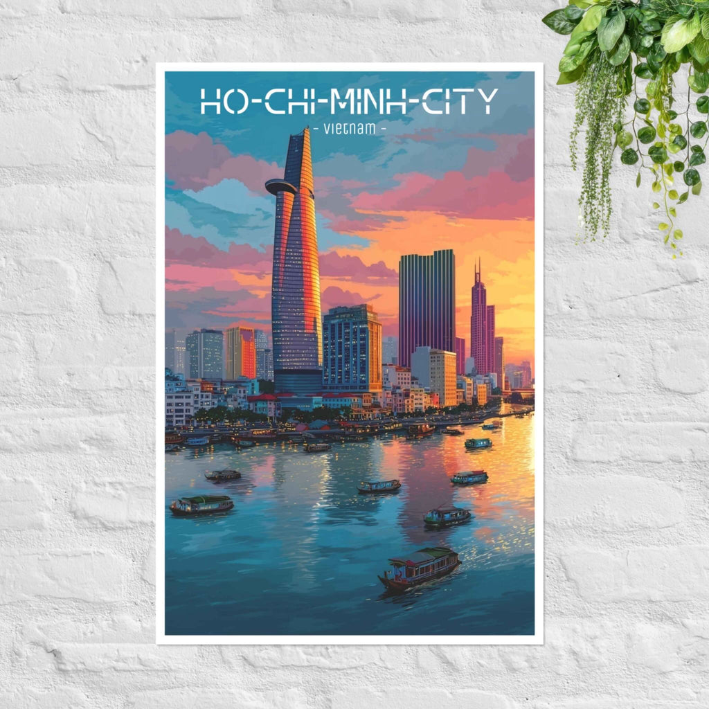 Ho Chi Minh City riverside skyline poster at sunset