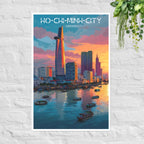 Ho Chi Minh City riverside skyline poster at sunset
