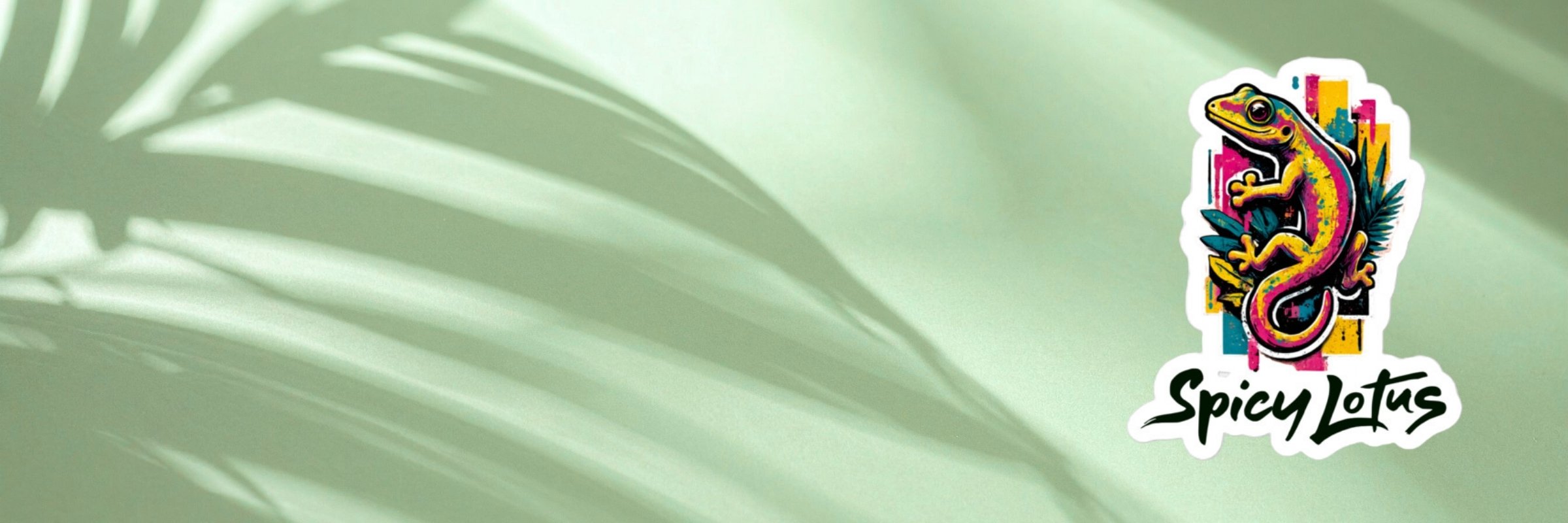 Colorful lizard logo with 'Spicy Lotus' logo on a light green background with leaf shadows