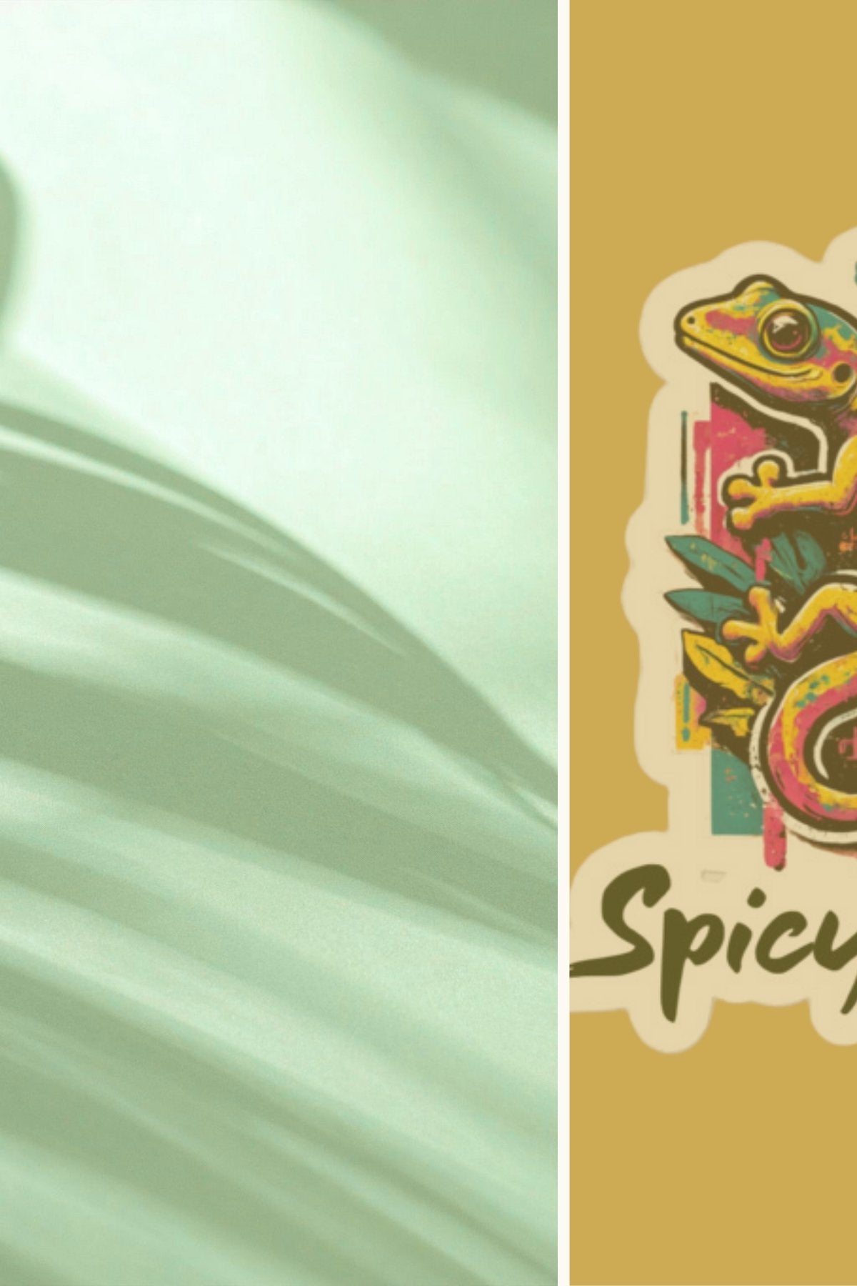Colorful sticker of a gecko on a yellow background with 'Spicy Lotus' slogan.