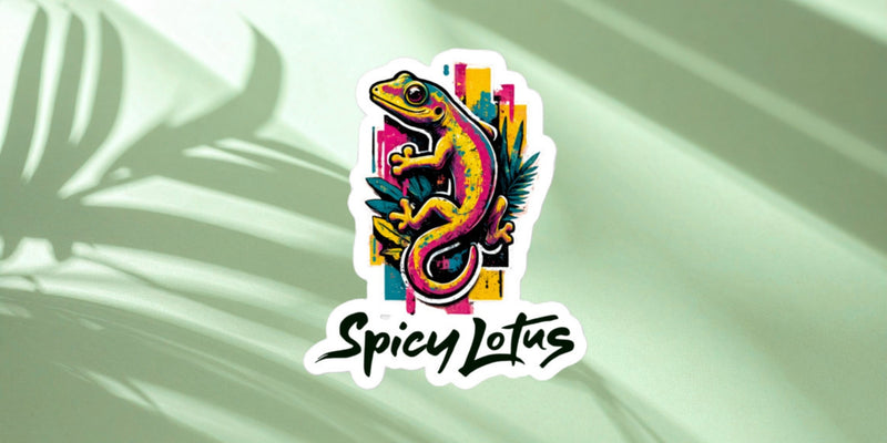 Colorful lizard logo with 'Spicy Lotus' logo on a light green background with tropical shadows