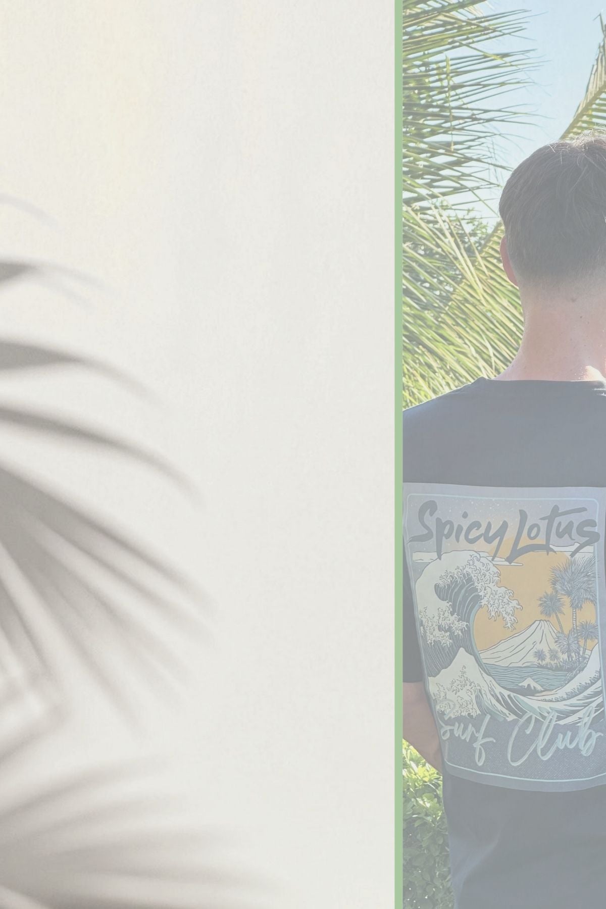 Male model wearing a 'Spicy Lotus Surf Club' t-shirt with palm leaves in the background