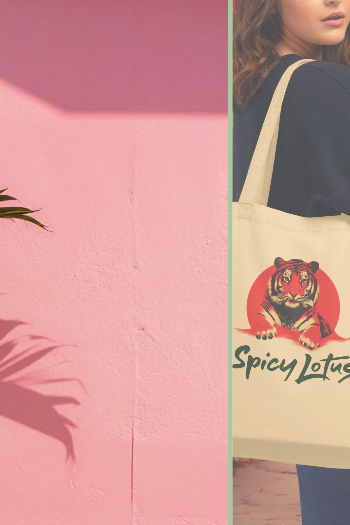 Woman holding a tote bag with a tiger design and 'Spicy Lotus' slogan against a pink wall.