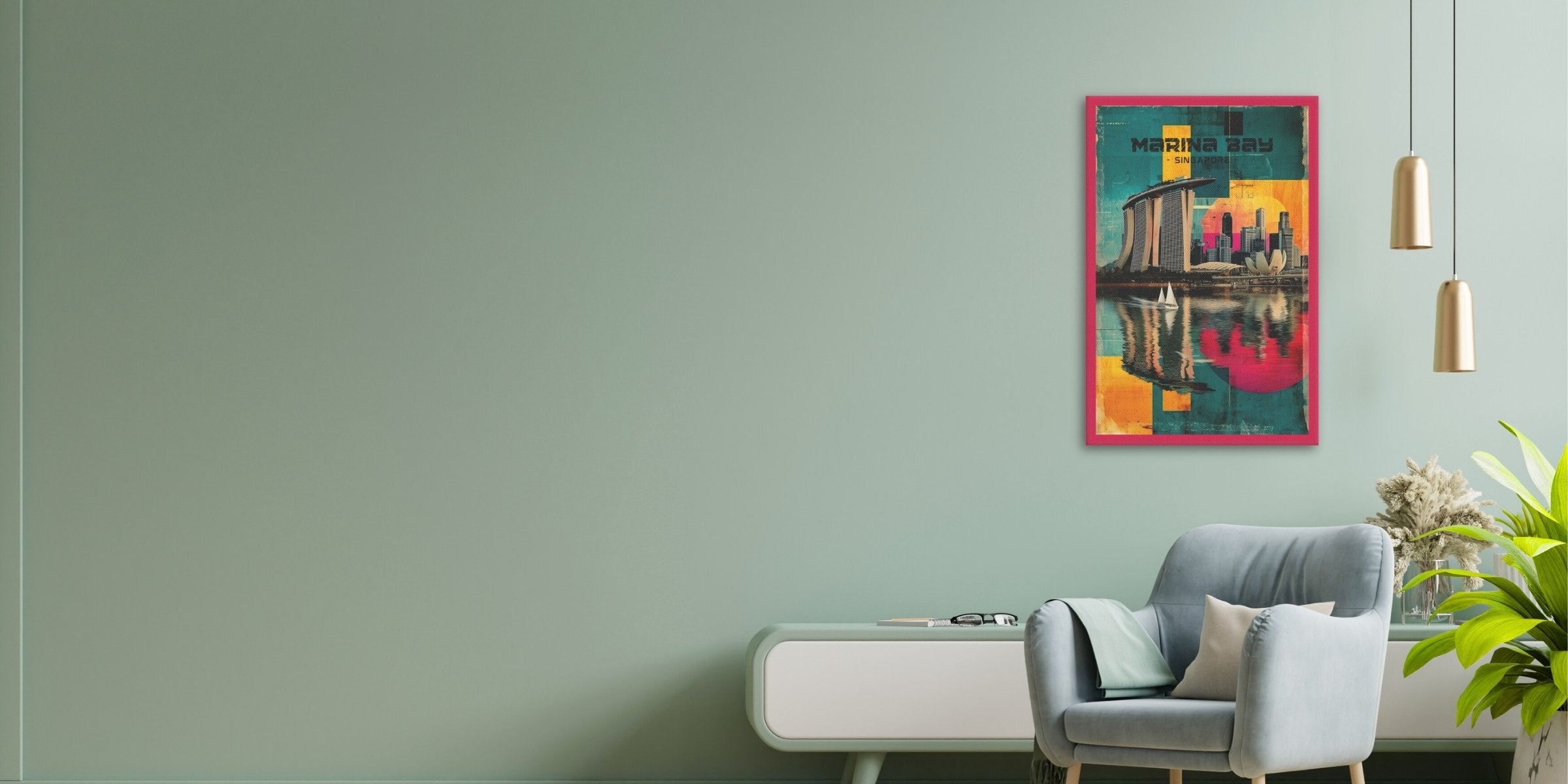 Colorful abstract canvas of Singapore on a mint green wall above a gray armchair