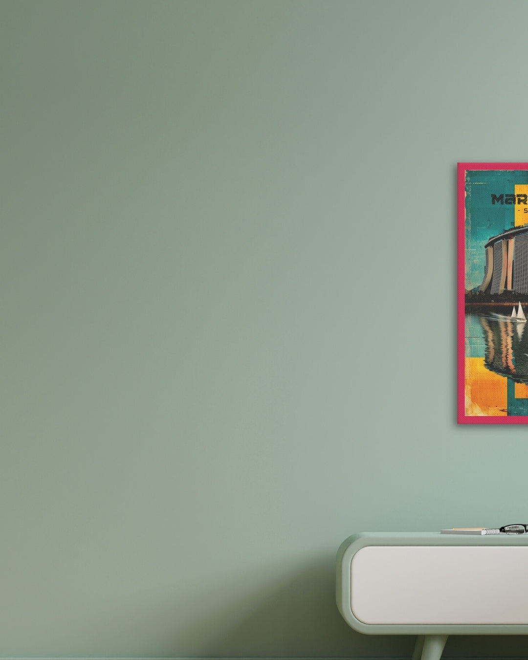 Colorful framed canvas of Singapore on a light green wall with a white shelf below.