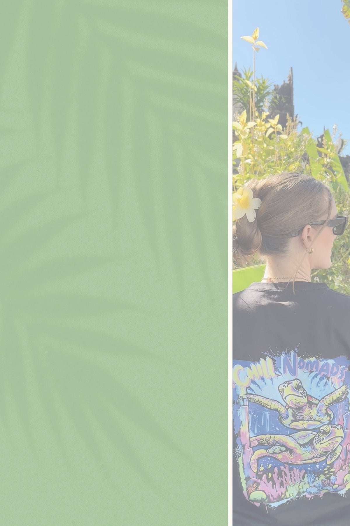 Person wearing a black t-shirt with a colorful turtle graphic design outdoors on a green background.