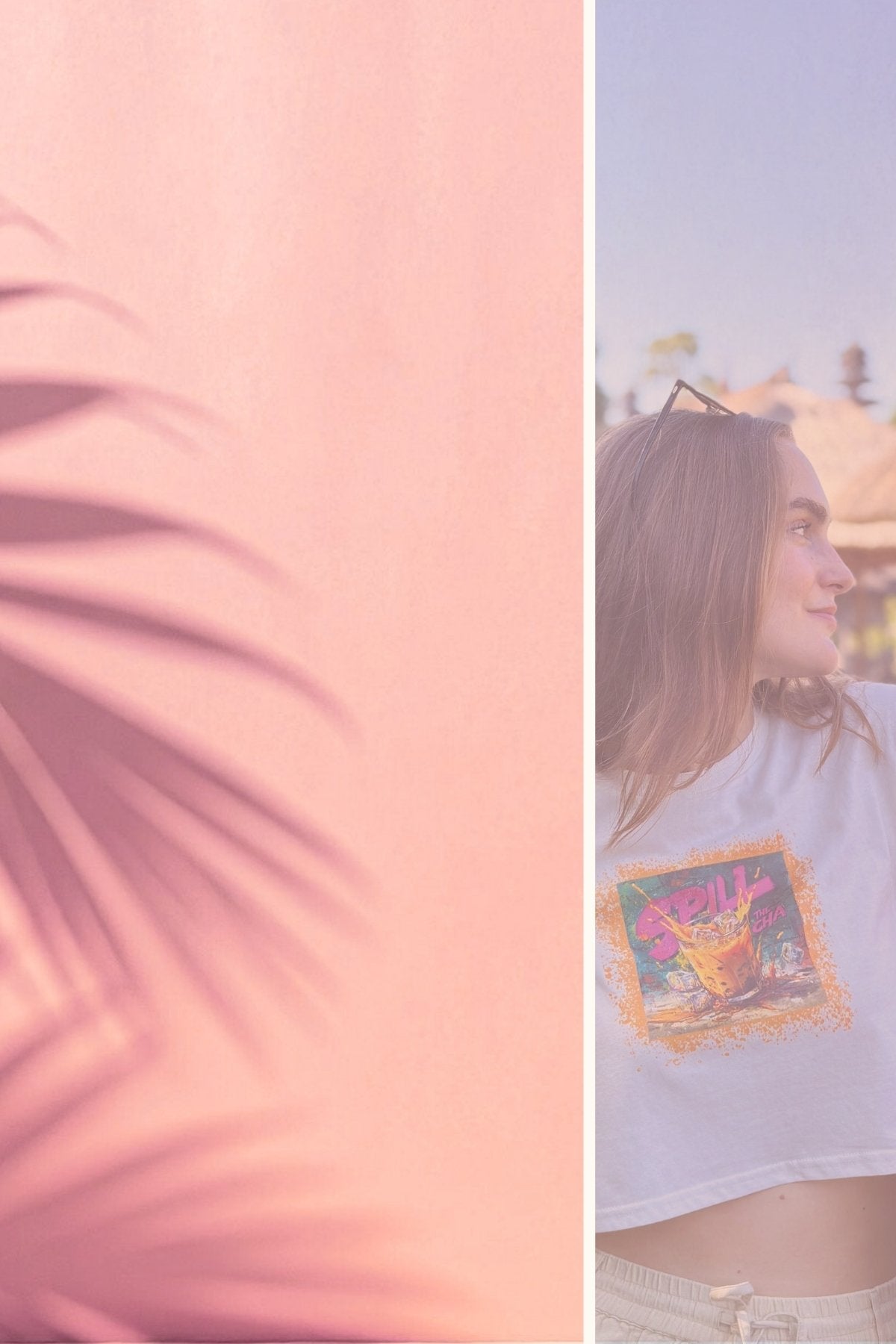 Woman wearing a Spicy Lotus crop top with a colorful graphic design against a blurred outdoor background.