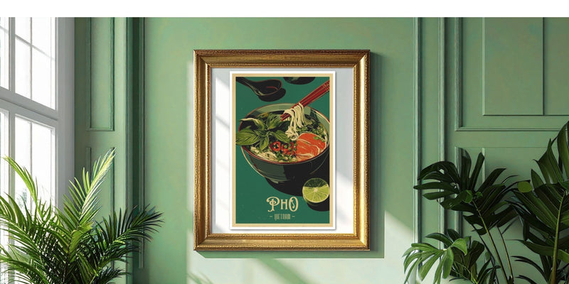 Framed artwork of a Pho bowl on a green wall with plants around