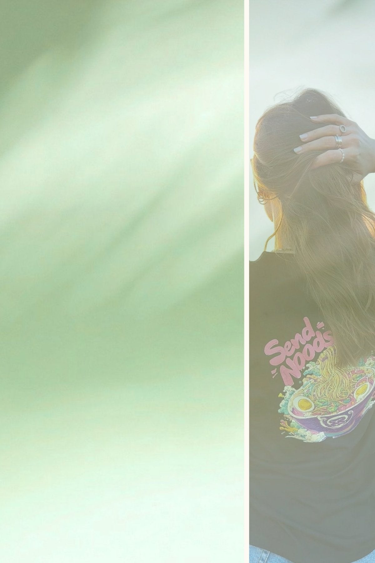Woman wearing a shirt with a colorful design and 'send noods' text, standing in front of a sunset.