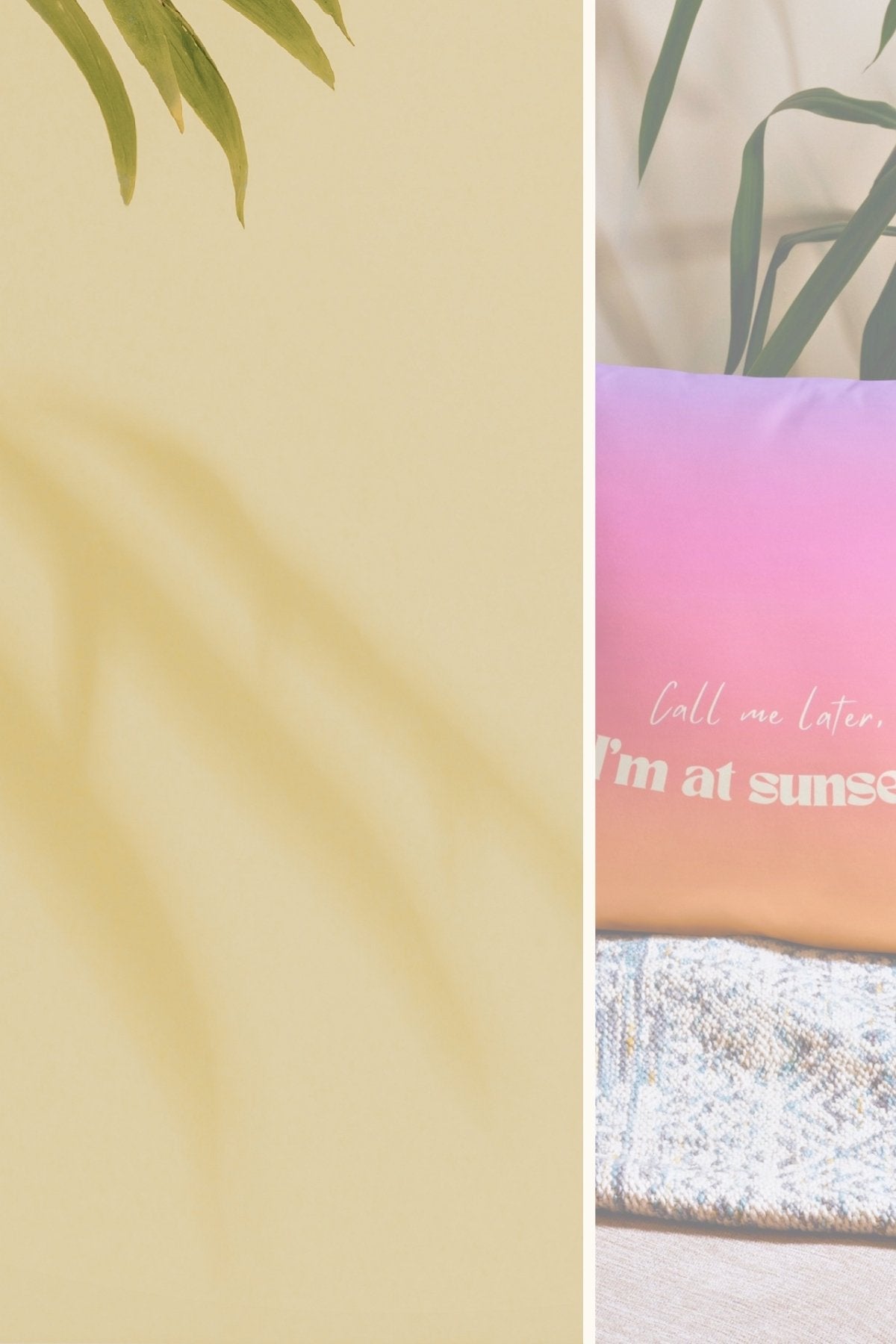 Collage of a sunset pillow with text and a blurred natural living room background.