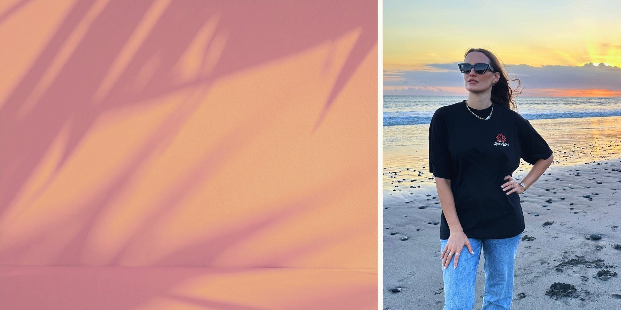 A woman wearing a black Spicy Lotus t-shirt with brand logo stands on a sandy beach at sunset.