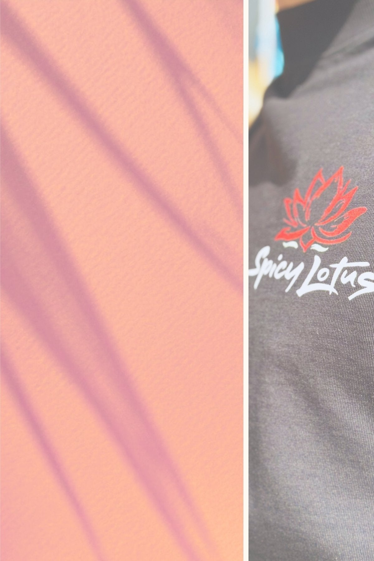 Close-up of a black shirt with 'Spicy Lotus' logo on a blurred background.