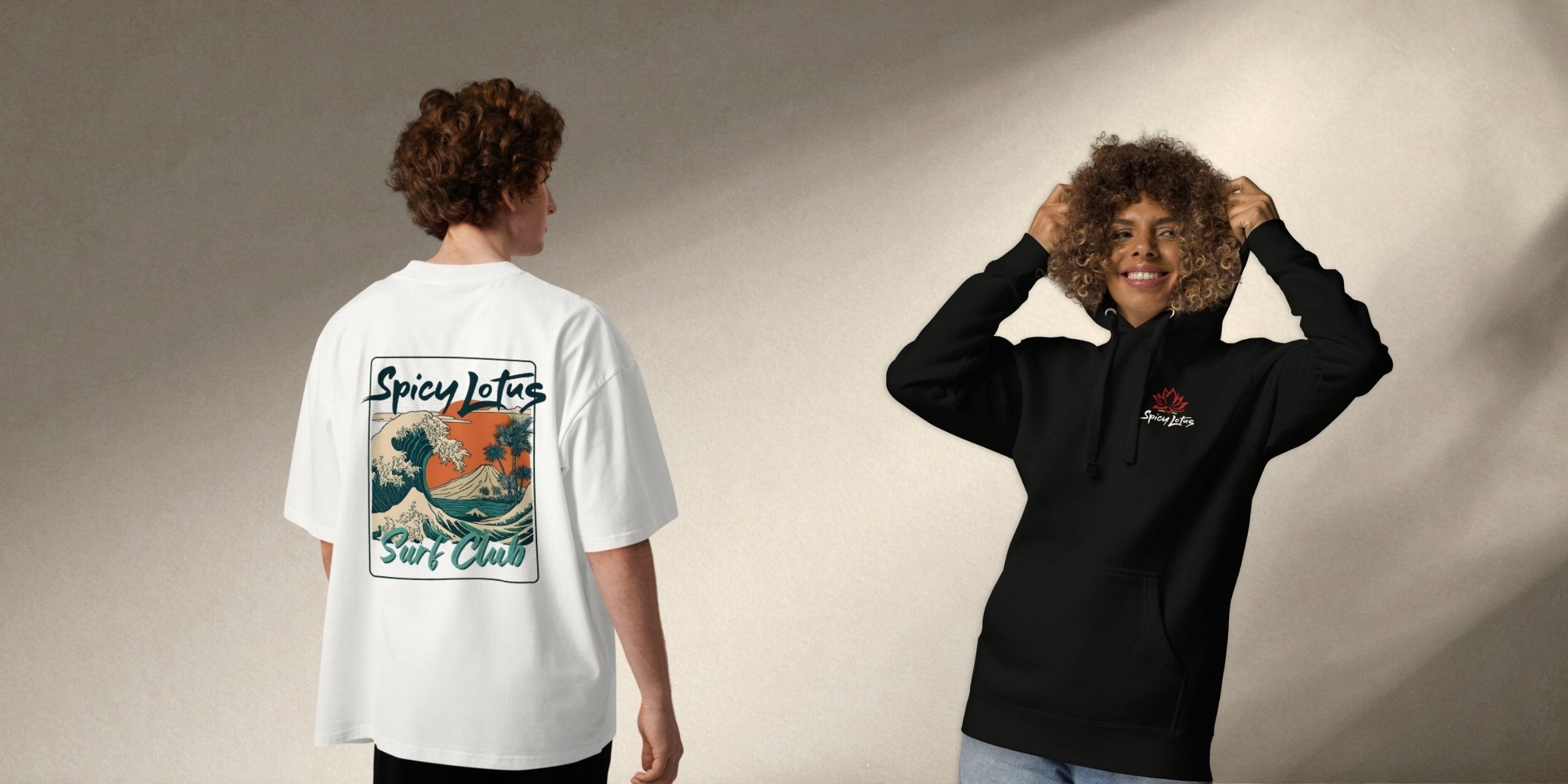 Two people wearing branded clothing with visible logos and designs on a neutral background